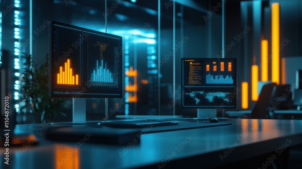 Poster modern data analysis workspace with futuristic digital displays