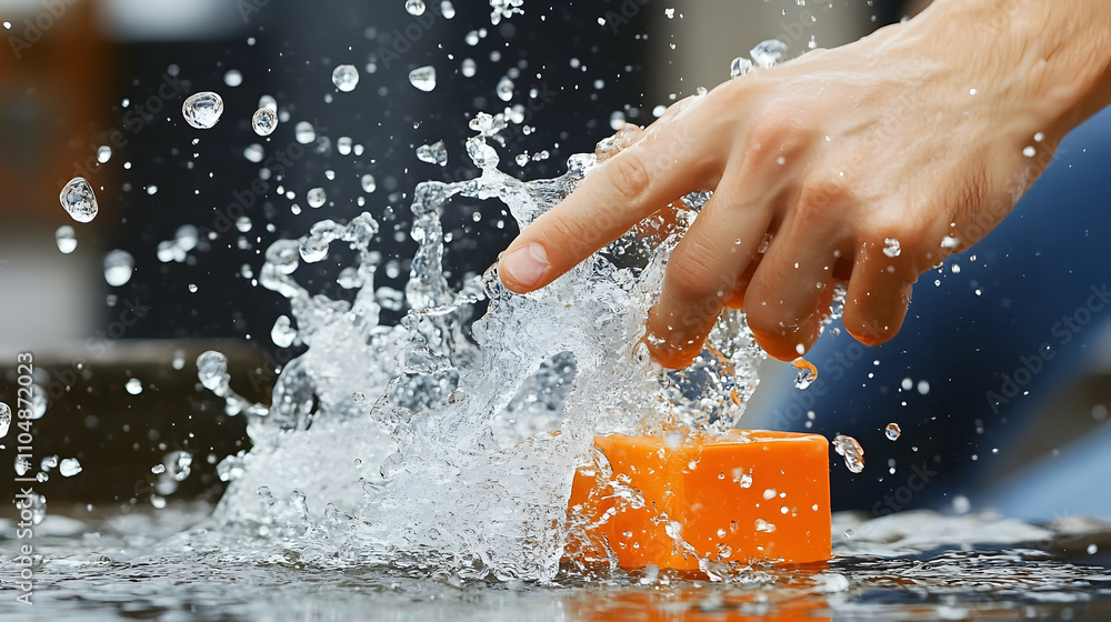 Poster hand dips orange cube into water, creating a dynamic splash