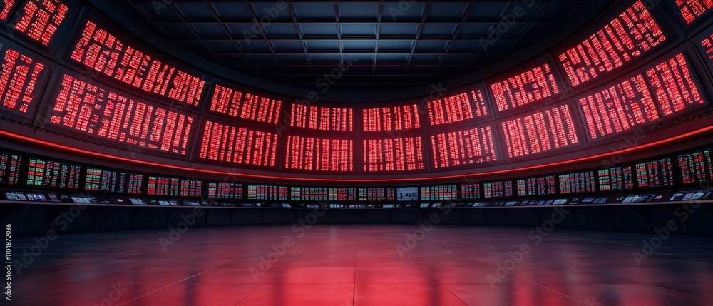 Poster futuristic control room with bright red screens displaying data and visual analytics, showcasing adv