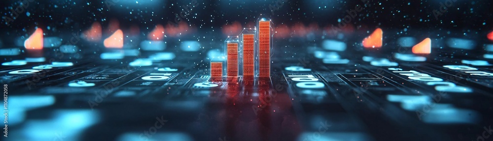 Poster futuristic data visualization with digital graphs and glowing elements representing growth and analy
