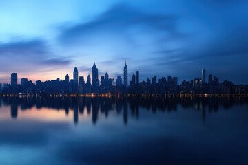 Fototapeta premium A city skyline is reflected in the water