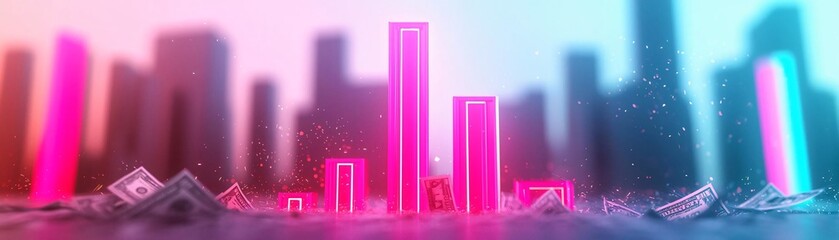 Futuristic cityscape with vibrant neon lights and abstract graphics representing growth and innovation.