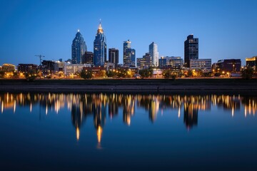 A city skyline is reflected in the water