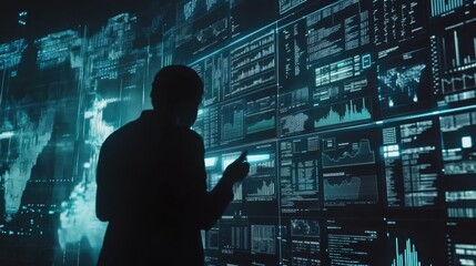 Business Professional Analyzing Data on Digital Screens in Office