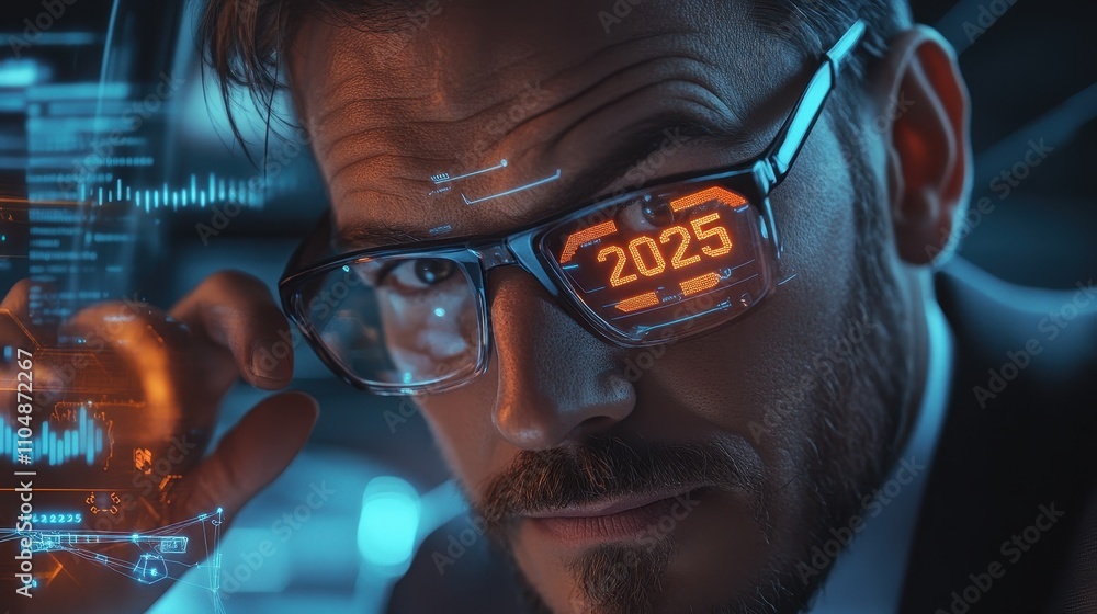 Poster futuristic visionary man with 2025 smart glasses exploring digital data and technological advancemen