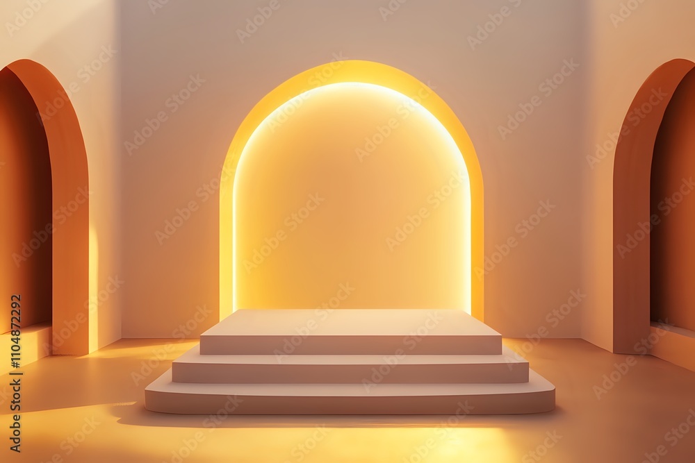 Poster elegant minimalist 3d render: golden hour archway and platform stage setting