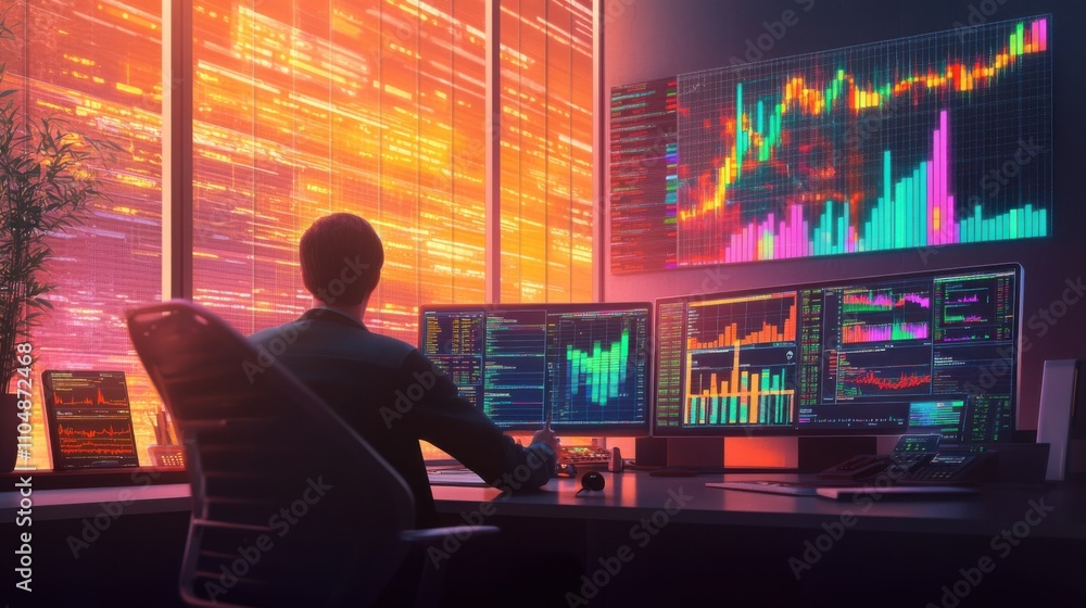 Poster professional trader analyzing stock market data in modern office