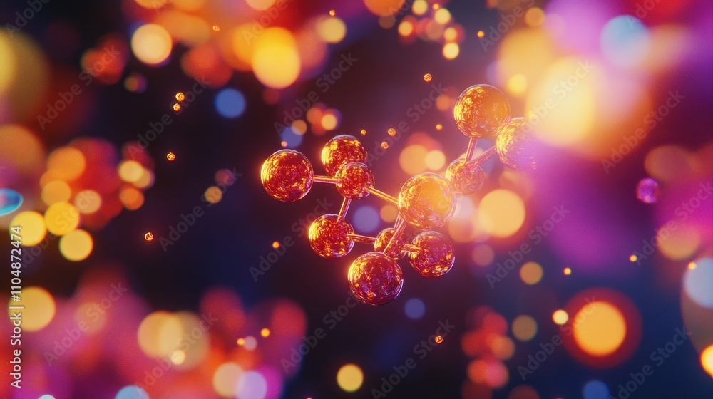 Poster abstract molecule model with vibrant bokeh background.