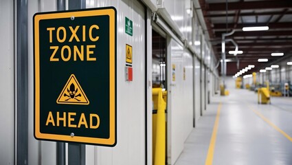Warning sign indicating a toxic zone in an industrial facility, highlighting safety measures and hazards.