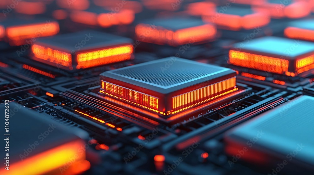 Poster a close-up view of futuristic microchips with glowing circuits, showcasing advanced technology and i