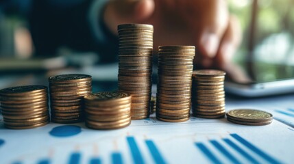 Stacked Coins and Financial Growth Analysis on Table with Smartphone