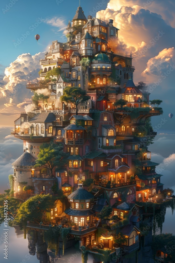 Poster imaginative floating city with whimsical architecture surrounded by clouds at sunset featuring glowi