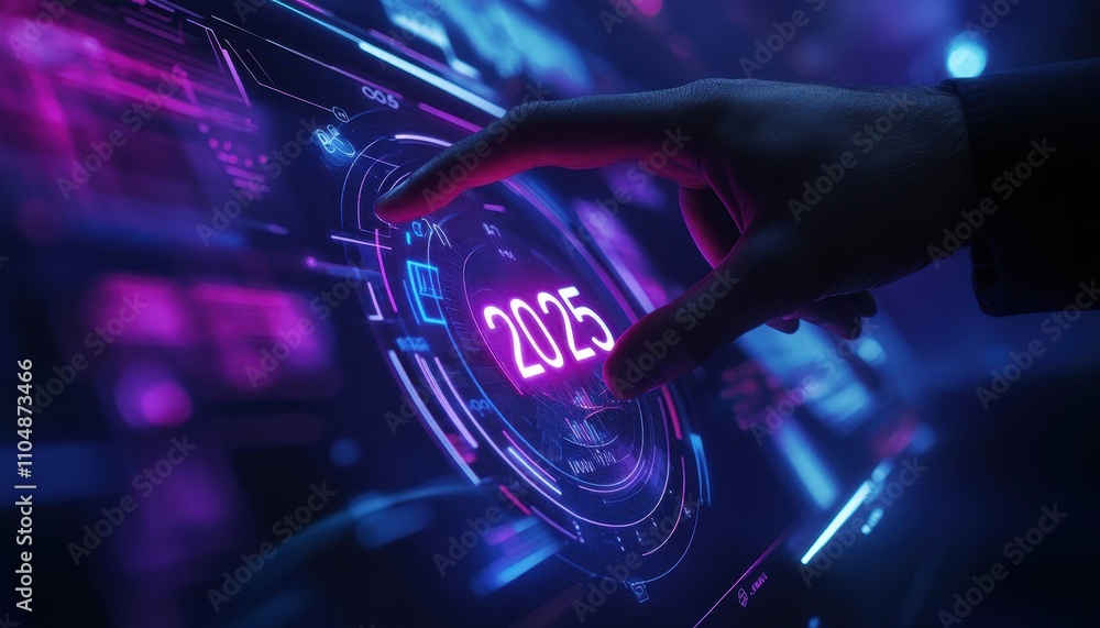 Poster interactive futuristic interface displaying 2025: a glimpse into the technological future