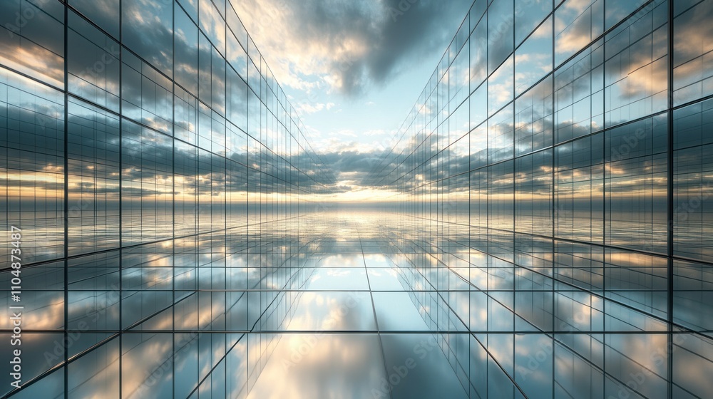 Poster glass skyscraper reflecting sunset clouds and sky, creating a symmetrical, infinite perspective.