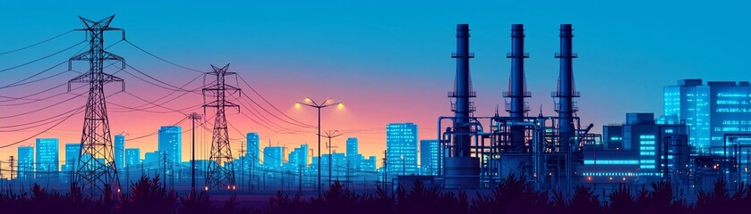 A vibrant industrial skyline showcases power lines and factories against a stunning sunset backdrop.