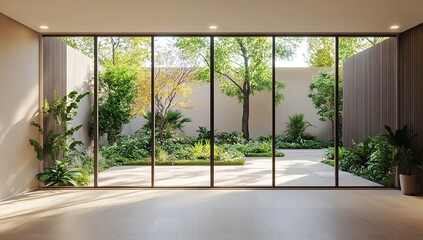 Modern Minimalist Interior Design Featuring a Serene Courtyard Garden View Through Large Panoramic Windows