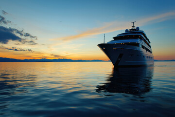 Fototapeta premium A large cruise ship is sailing in the ocean at sunset