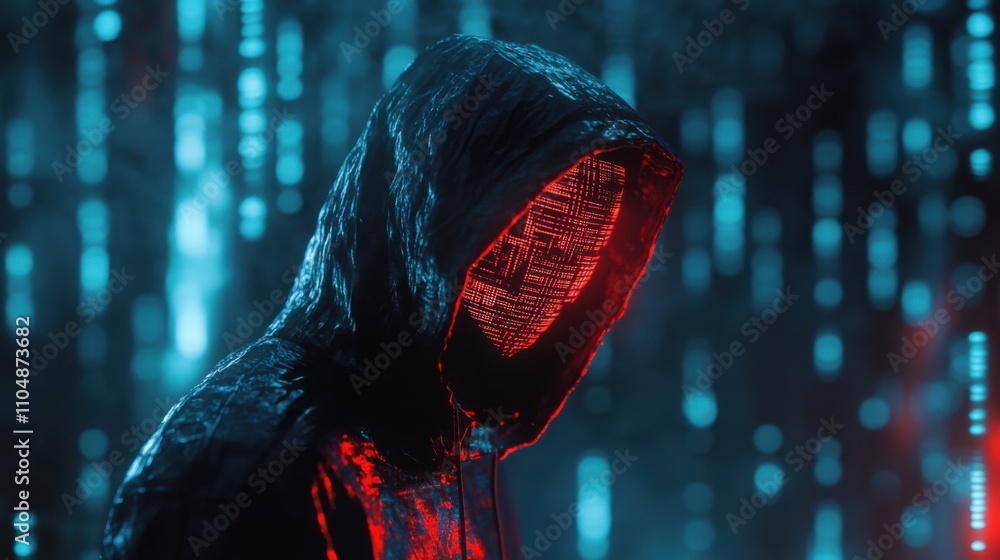 Poster mysterious figure in dark hood with glowing digital patterns
