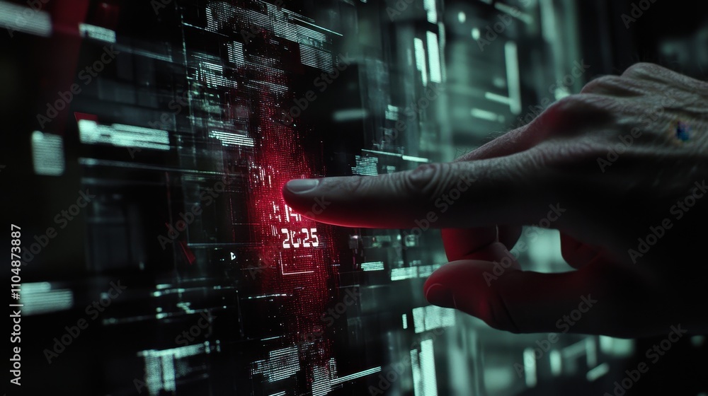Poster cyberpunk style futuristic interface hand interacting digital data screen red highlight 2025