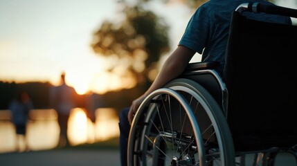 Obraz premium A person in a wheelchair is sitting by a lake at sunset
