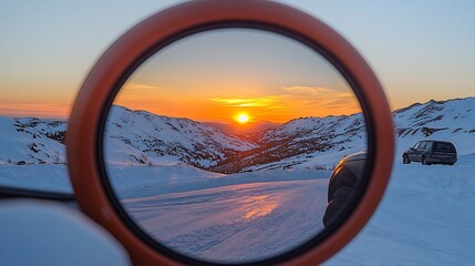 Sunset reflected in a side mirror during a snowy mountain road trip.