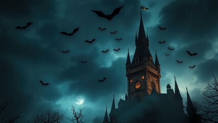 Fototapeta premium Enchanting Gothic Castle Under Moonlit Night Sky, Perfect for Halloween Decorations or Spooky Themed Wall Art