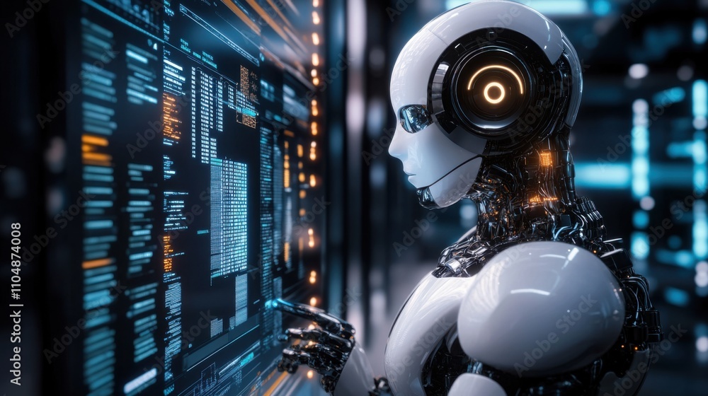 Poster futuristic robot analyzing data in a high-tech digital environment