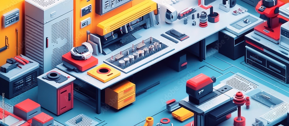 Poster a colorful isometric illustration of a workshop with various tools and machinery.