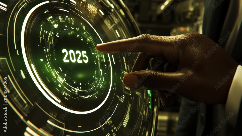 Poster a hand interacting with a futuristic 2025 interface displaying technological advancement and innovat