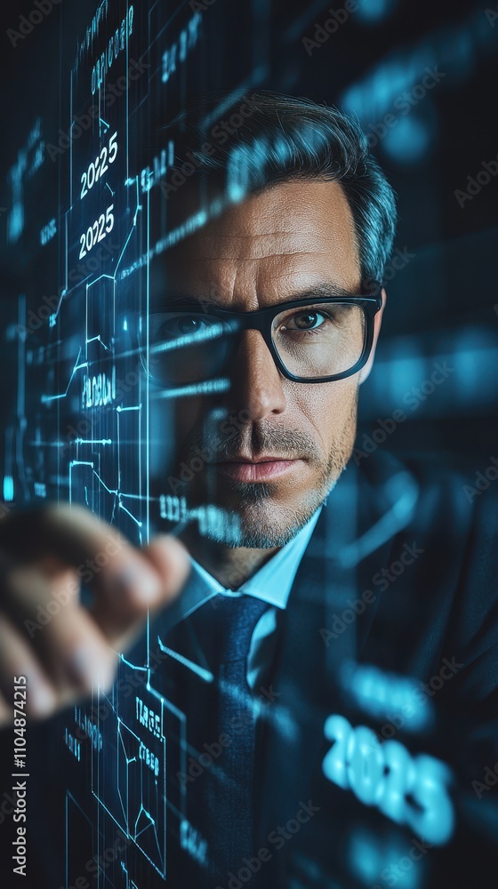 Poster futuristic businessman interacting with holographic data interface showing technological advancement
