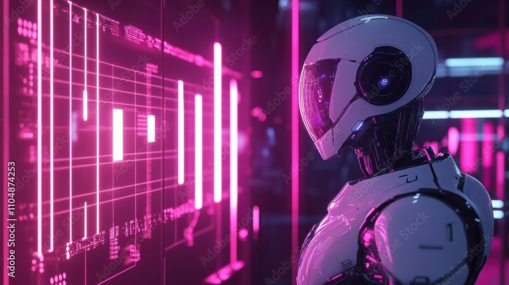 Poster futuristic robot analyzing data in neon-lit digital environment