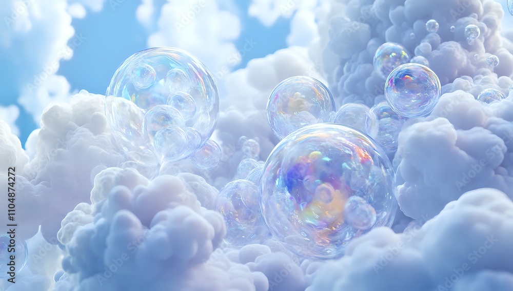 Poster ethereal bubbles floating in a dreamlike cloudscape: a surreal artistic render