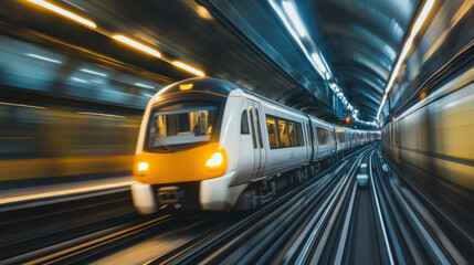 Obraz premium high speed train moves swiftly through underground railway tunnel, showcasing engineering excellence and modern transportation. dynamic motion creates sense of excitement and efficiency