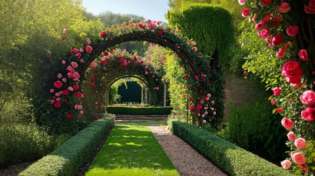Video footage of lush garden path with arches covered in vibrant pink and red roses, surrounded by neatly trimmed hedges and greenery, creating a picturesque and serene atmosphere