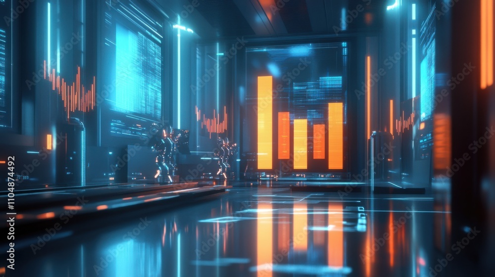 Poster futuristic digital environment with neon lights and data visualization