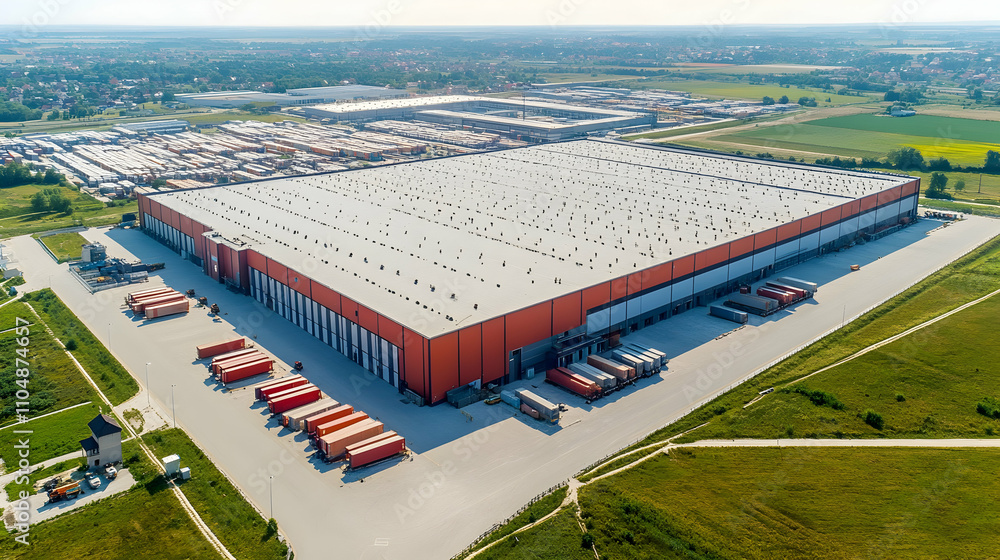 Poster aerial view of a large distribution center with shipping containers