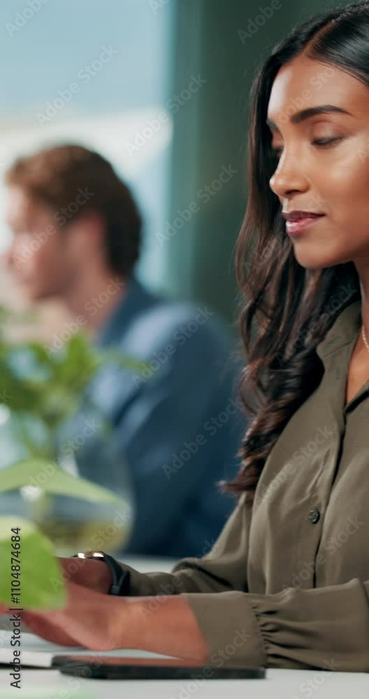 Poster phone, notification and creative woman in office for communication, networking or typing. business e