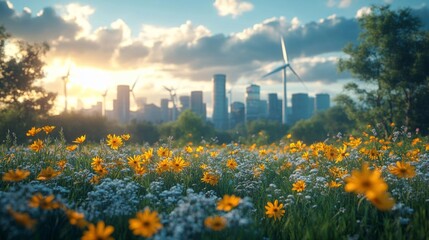 Vibrant Energy Landscape with Wind Turbines and Flowers