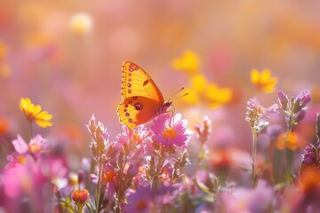 A single orange butterfly perched on a pink flower in a field of wildflowers with a soft, warm light shining through.