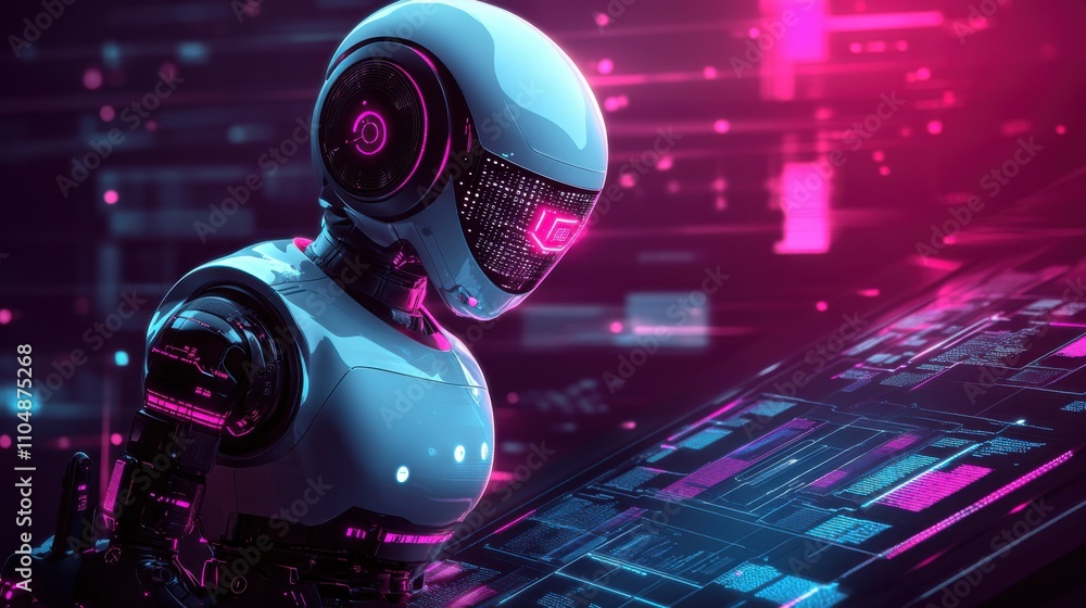 Poster futuristic robot interface with neon lights and digital elements