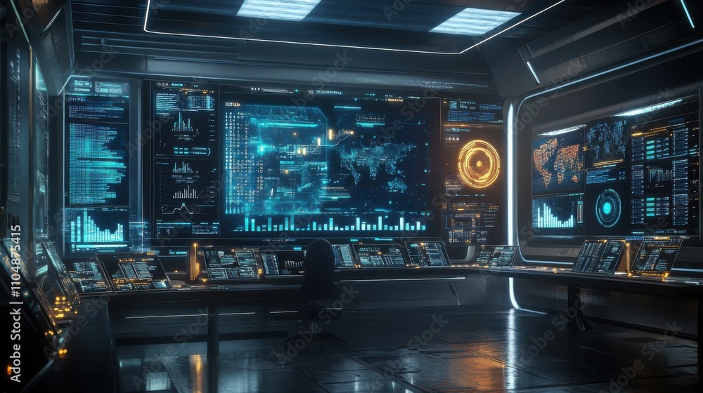 Poster futuristic control room with advanced digital interfaces and displays
