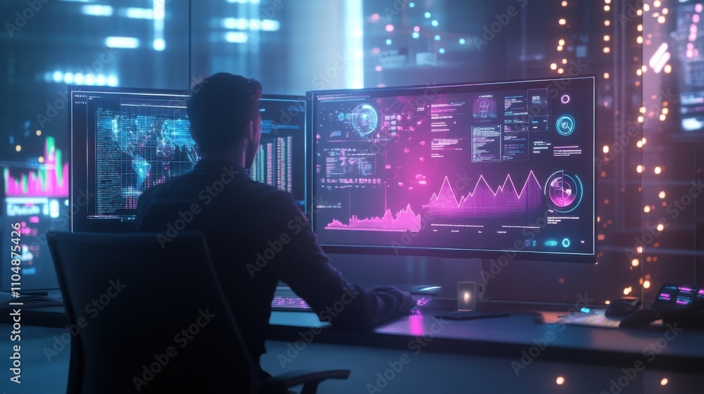Poster data analyst working with advanced technology at modern office space