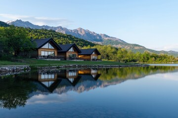 Obraz premium A lake with a row of wooden houses on the shore