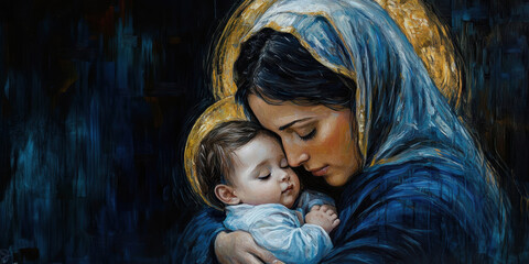 Mother of God with a baby. AI generative.
