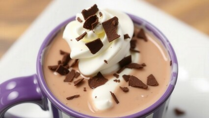Indulge in Warm Comfort: Delicious Hot Chocolate in a Purple Mug Topped with Whipped Cream and Chocolate Shavings