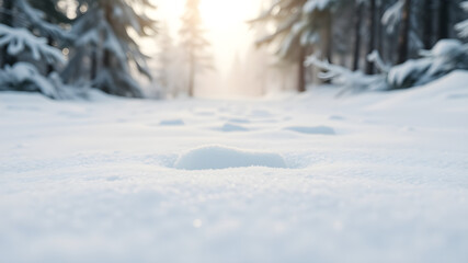 A snow ground at snowy forest path towards a sunlit horizon, casting long shadows on the pristine snow