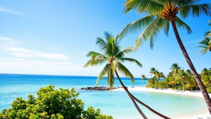 Naklejka premium Tropical Paradise Beach: Escape to Crystal Blue Waters and Lush Palm Trees for a Relaxing Vacation