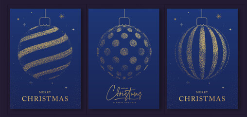 Set of luxury Merry Christmas and Happy New Year greeting cards, covers or posters with gold holiday decoration. Christmas blue background. Vector illustration