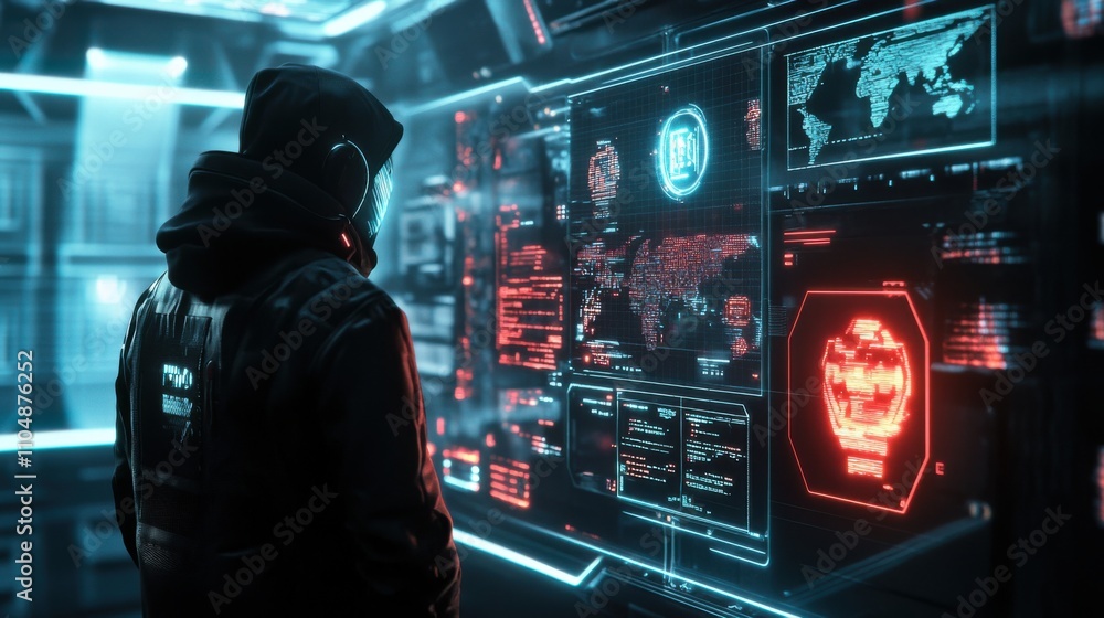 Poster futuristic hacker analyzing data in high-tech digital environment