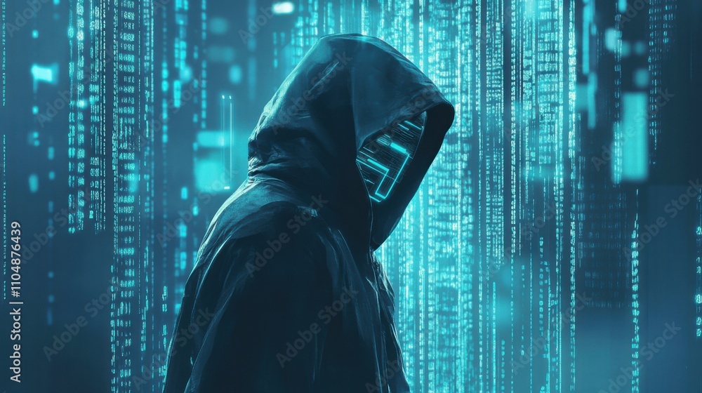 Poster mysterious figure in hoodie with digital code background and glowing elements